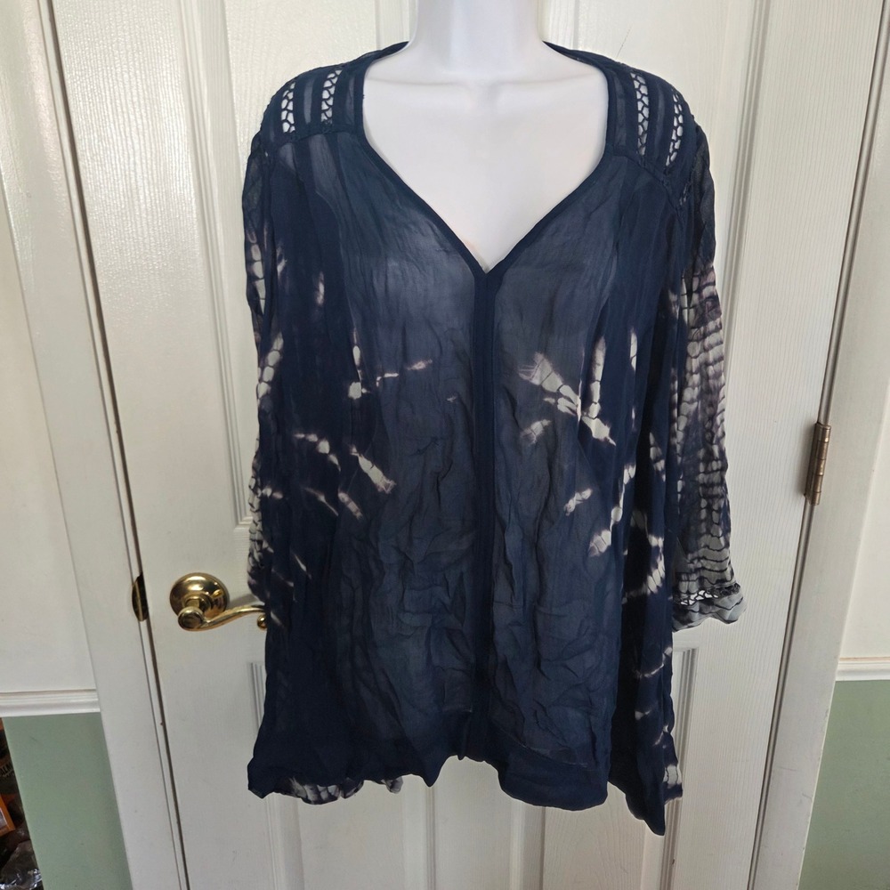 Free People Navy Blue Tie Dye Crochet Lace Trim Tunic Blouse Sheer Navy Boho M